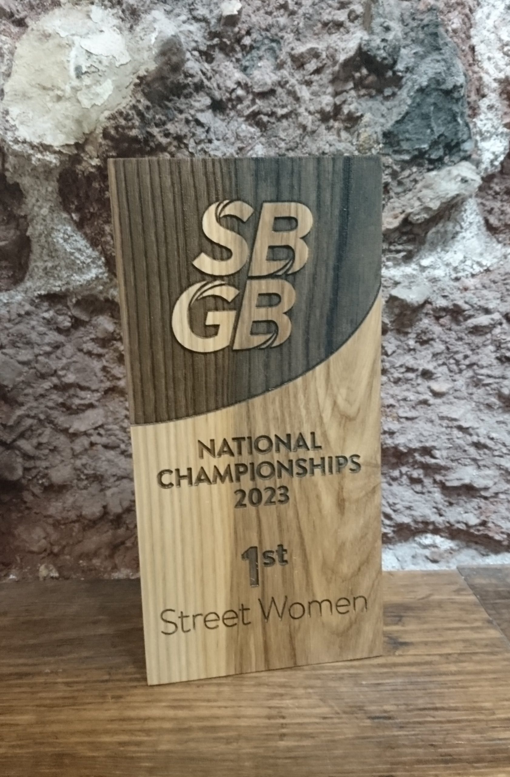 Skateboard GB trophy made from oak with engraved details