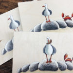 Seagull illustration printed onto birch wooden postcards