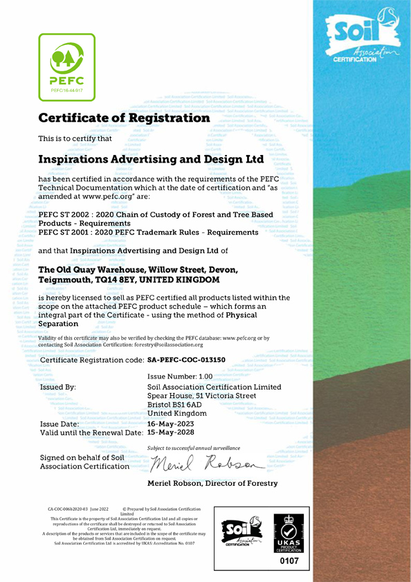 PEFC Chain of custody certificate for Inspirwood