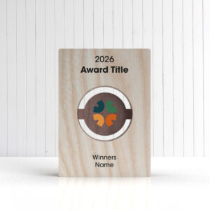 Personalised Ash and Walnut layered wooden trophy with printed award text