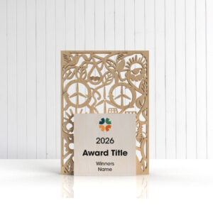 Eco cutout wooden trophy showing laser-cut renewable energy themed centre panel and ash blocks