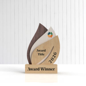 Eco leaf wooden trophy with layered oak, maple and walnut leaves on solid oak base
