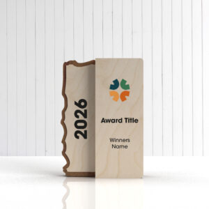 Personalised Indigo wood trophy with printed logo and award details on the front