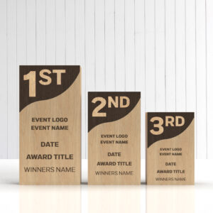 Set of three solid oak podium trophies for 1st, 2nd and 3rd place with printed or engraved event branding