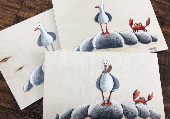 Seagull illustration printed onto birch wooden postcards