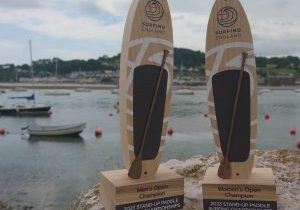 Image of our most recent trophies made for Surfing England taken on the River Teign outside our workshop
